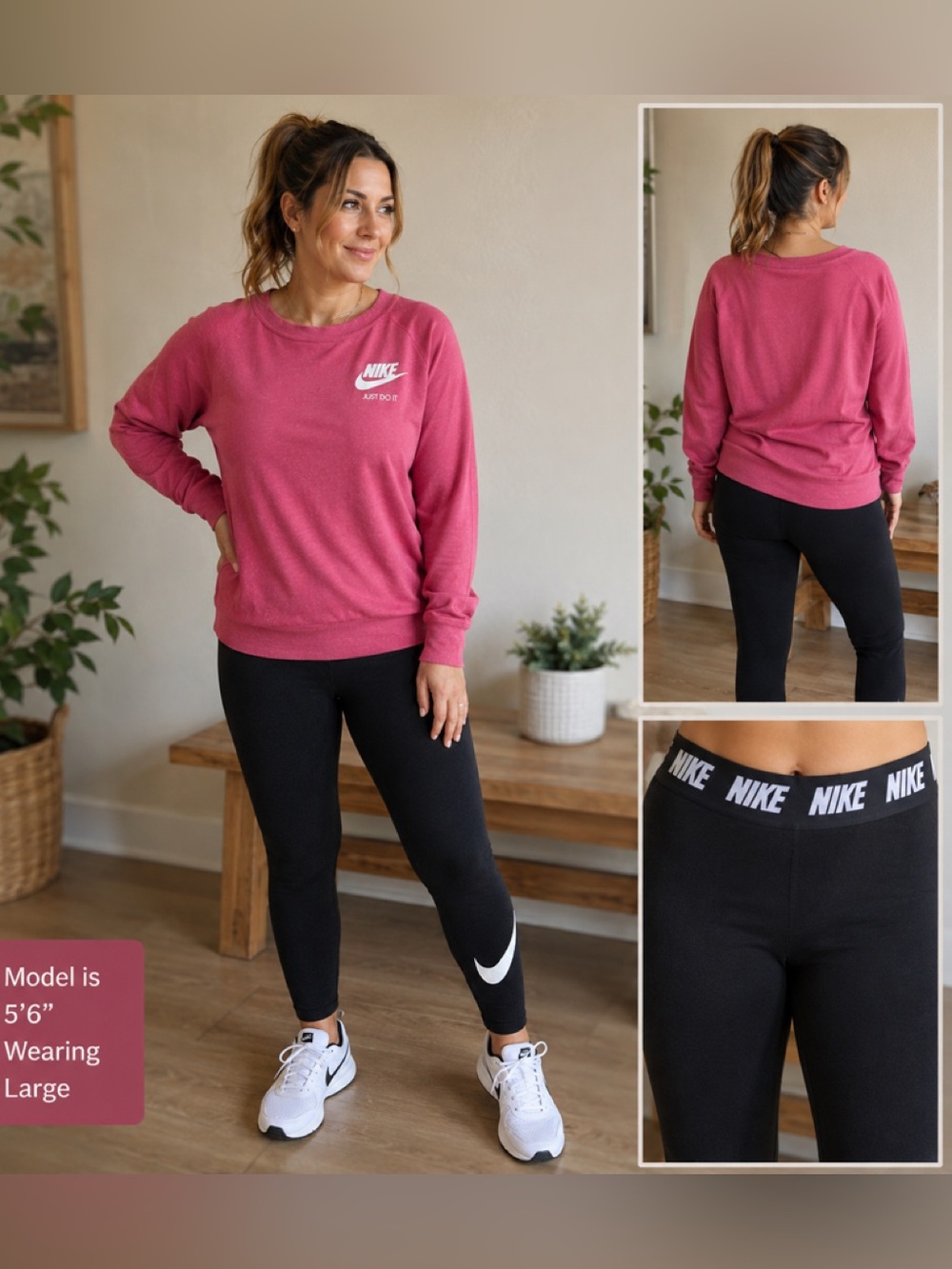 Nike Women's Rose Pink Crew Sweatshirt with Black Nike Leggings